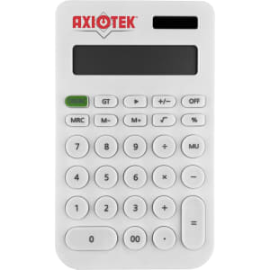 A white calculator with a digital display and numerous buttons, featuring a branding logo at the top.