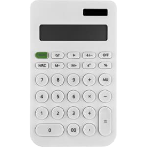 A white calculator featuring a large display and various function buttons, including basic arithmetic keys.