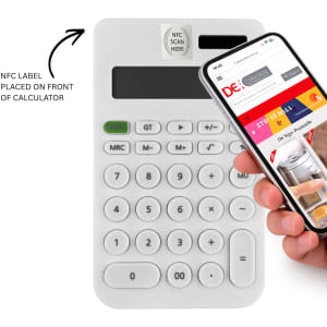 A white calculator with a display and buttons, alongside a smartphone displaying a webpage.