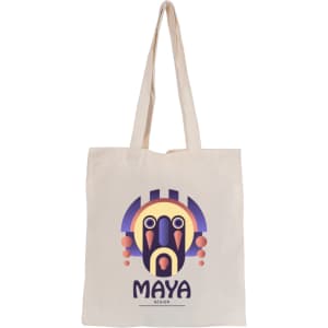 A cream tote bag featuring a graphic design with bold colours and a logo.
