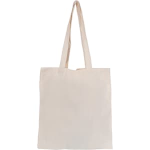 A plain natural-coloured tote bag with two handles and no gusset, featuring a logo on one side.