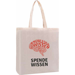 A natural-coloured tote bag with a gusset, featuring a logo and text in red and black.