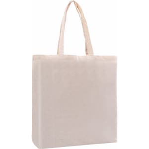 A beige calico tote bag with gussets and matching handles. It features a logo on one side.