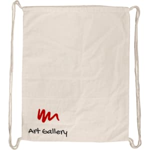 A cream drawstring bag with a logo and text at the bottom, featuring white drawstrings.