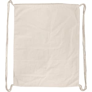 A cream-coloured drawstring bag with two corded straps and no visible branding.