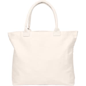 A cream tote bag with sturdy handles and no gusset design, featuring a logo.