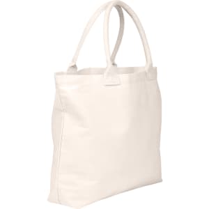 A white tote bag with two handles, featuring a simple design and no gusset. It has a logo on the side.