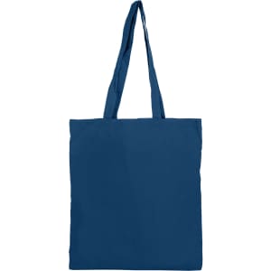 A blue tote bag with double handles and no gusset, featuring a logo on one side.