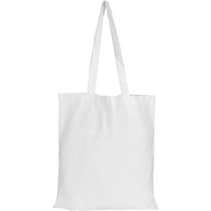 A white tote bag with two handles and no gusset, featuring a simple design and a logo.