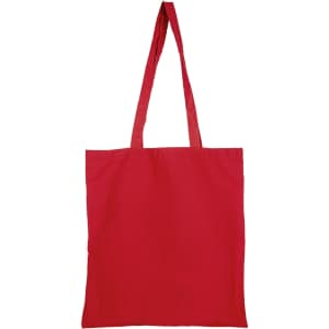 A red tote bag with long handles and no gusset, featuring a logo.