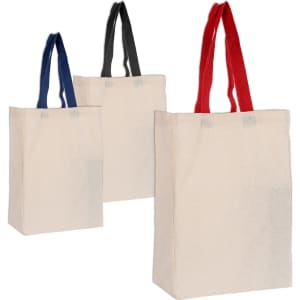 Three tote bags in cream with red, navy, and black straps. Each bag features a branding logo.