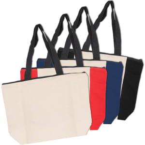 A set of four Calico Zip Shopper tote bags in cream, red, navy, and black, featuring sturdy handles and a zipper.
