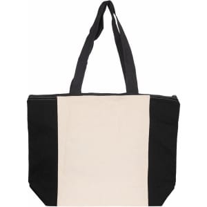 A large tote bag featuring a cream centre and black sides, with two sturdy shoulder straps and a zip closure.