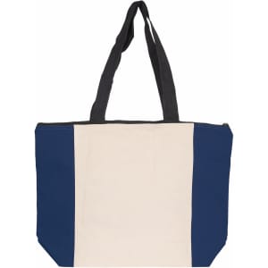 A large tote bag featuring a cream body with navy blue side panels and black handles. It has a zip closure and a logo.
