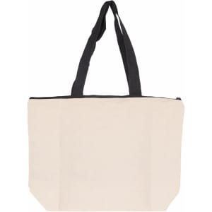 A cream tote bag with black handles and a zip closure. It features a logo on the front.