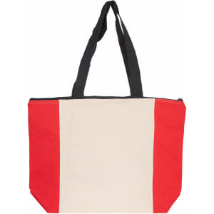 A tote bag with a cream body, red side panels, and black handles, featuring a zip closure and a logo.