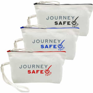 A set of three canvas cosmetic bags in white, featuring zippers in black, red, and blue, each with a logo.