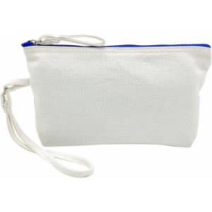 A white canvas cosmetic bag with a blue zipper and wrist strap. The bag is simple and versatile in design.