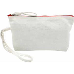 A white canvas cosmetic bag with a red zip and a wrist strap. It has a plain design and a silver zipper.
