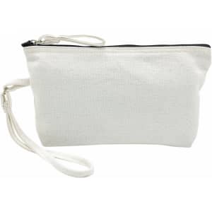 A cosmetic bag in white canvas with a black zipper and a detachable wrist strap. It features a logo on one side.