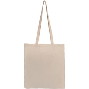 A beige tote bag with long handles and an unbranded design.