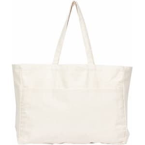A large, cream-coloured tote bag with two sturdy handles and a front pocket. It features a branding logo.