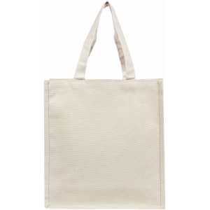A plain cream canvas tote bag with two straps and a simple design. It features a branding logo.