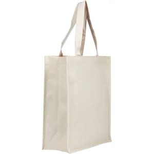 A light beige tote bag with two handles and a simple design, featuring a logo on one side.