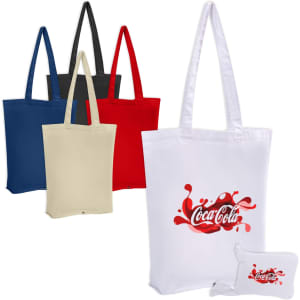 A collection of foldable tote bags in black, blue, red, cream, and white, each featuring a logo.
