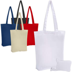 A foldable calico tote bag available in black, red, blue, cream, and white, accompanied by a small pouch.