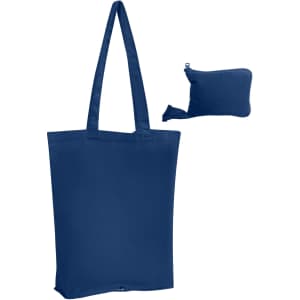 A navy blue foldable calico bag alongside its small pouch for storage. The bag features dual handles and a logo.