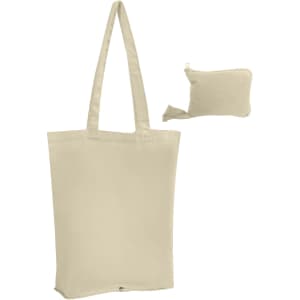 A beige foldable calico tote bag with long handles, accompanied by a small, compact storage pouch.