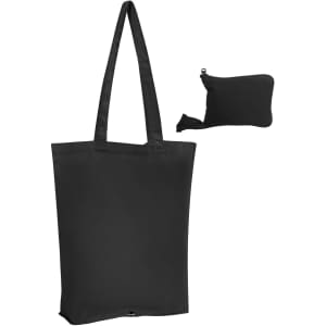 A foldable black calico tote bag next to its compact carrying pouch, featuring a logo.