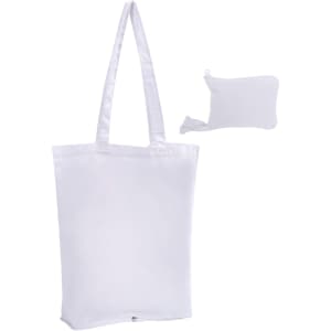 A white foldable calico tote bag with long handles, alongside a compact pouch for storage.
