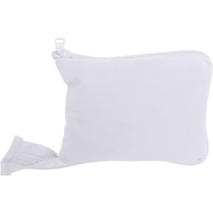 A white foldable calico bag with a zipper and a pouch for storage, featuring a logo on its surface.