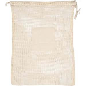 A reusable mesh produce bag in cream colour with a plain patch and drawstring closure. Features a logo.