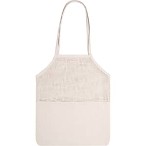 A cream-coloured tote bag with a mesh upper section and solid lower section. It features shoulder straps and a logo.
