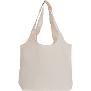 A beige tote bag with long handles and a simple design. It has a logo on one side.
