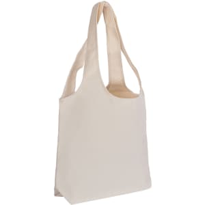 A cream-coloured tote bag with two long handles and a simple design. It features branding on one side.
