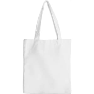 A white tote bag with two shoulder straps and a logo. The bag features a simple, plain design.
