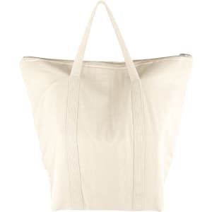 A cotton cooler bag in a light cream colour with two sturdy handles and a zip closure. It features a logo.