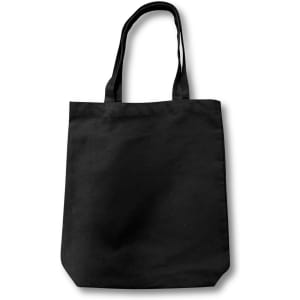 A black reusable grocery tote bag with two handles and a simple design, featuring a logo.