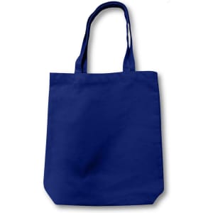A navy blue reusable tote bag with sturdy handles and a simple design, featuring a logo.