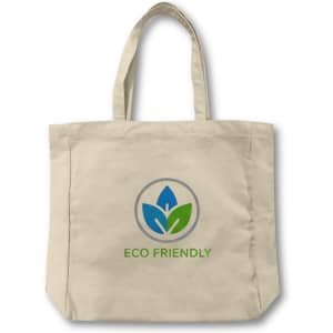 A beige 450gsm Victorian canvas tote bag with handles and a circular logo featuring green and blue leaves.