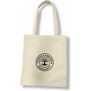A cream-coloured recycled cotton tote bag with a circular logo featuring a tree design and text.