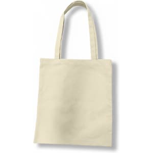 A cream-coloured tote bag with two handles and a plain design. It has a logo on one side.