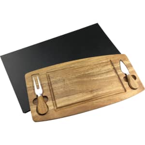A wooden cheeseboard with two stainless steel knives and a black serving tray, featuring a sleek design.