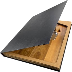 A wooden cheeseboard with a knife, presented in a stylish black case.