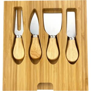 A bamboo cheese board featuring four stainless steel knives with wooden handles. Includes a fork, soft cheese knife, and two serving knives.