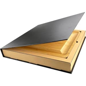 A cheeseboard and knife set featuring a bamboo board and a sleek black box for storage.